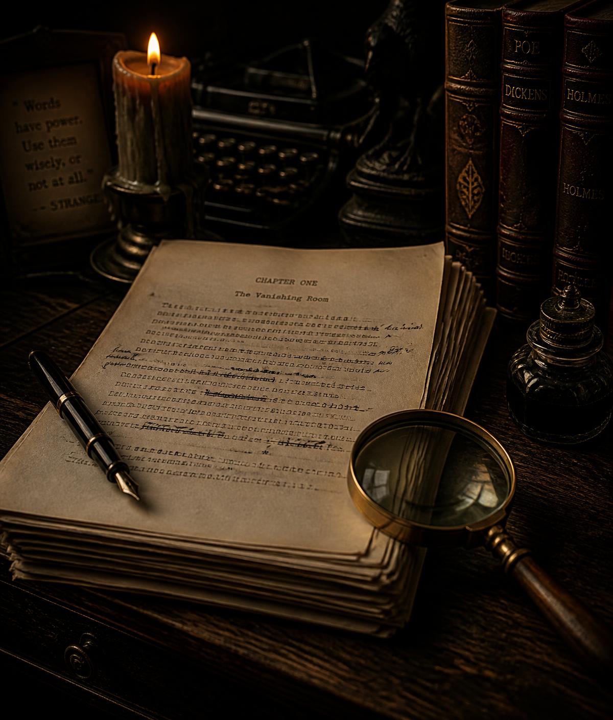 Manuscript pages, fountain pen and magnifying glass on a candlelit desk