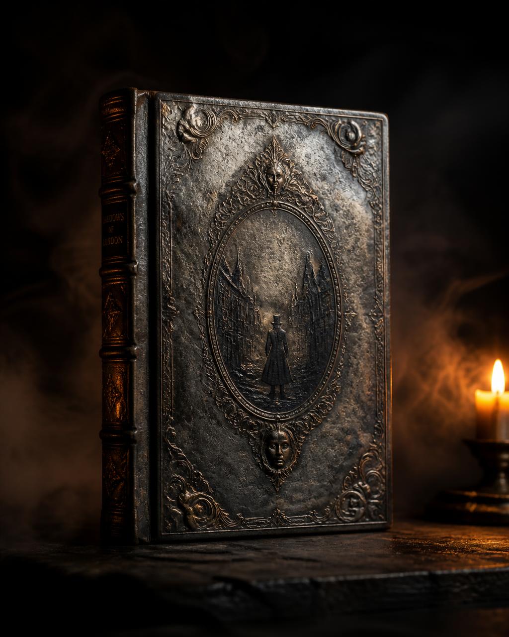 Antique silver-embossed book cover for the 1899 detective novel